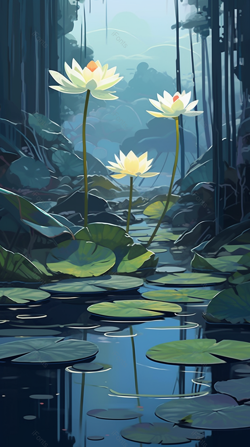 森林中绿色的荷叶红色的荷花背景,插画/手绘图,插画/手绘图库,插画/手绘图下载,插画/手绘